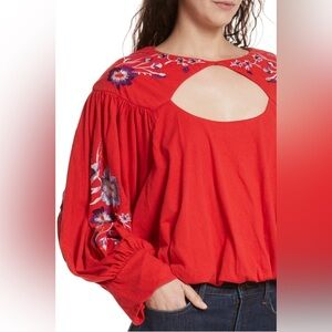 Free People Red Floral Embroidered Blouse